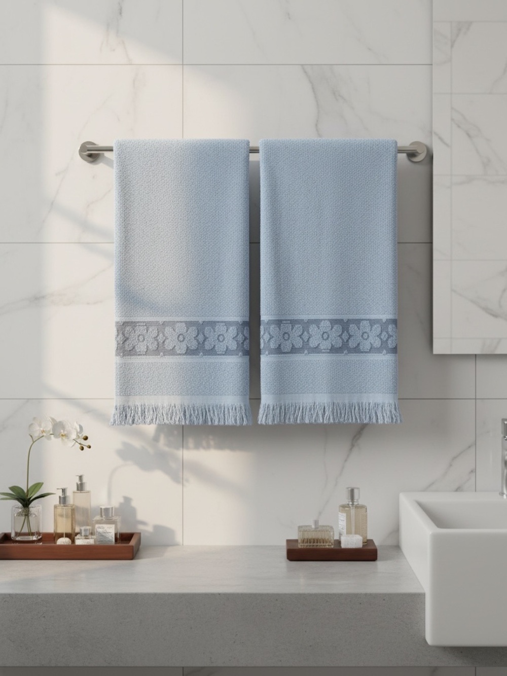 Vintage 70’s 2 Pc. Sculpted Towel Set In Pastel Blue